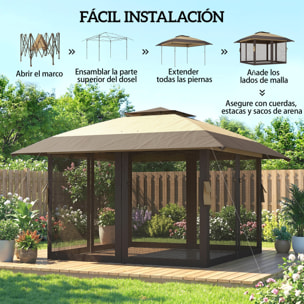 Carpa Plegable 4x4 m, Pop-up, con Doble Techo, 4 Paredes Laterales de Malla, Cenador de Jardín con Altura Ajustable 3 Niveles, Bolsa de Transporte, UPF30+, Gazebo para Camping, Fiestas, Caqui