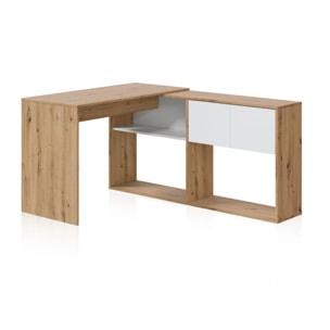 Mesa de escritorio con estantería Dess Blanco Artik (Blanco Mate) - Roble Nodi