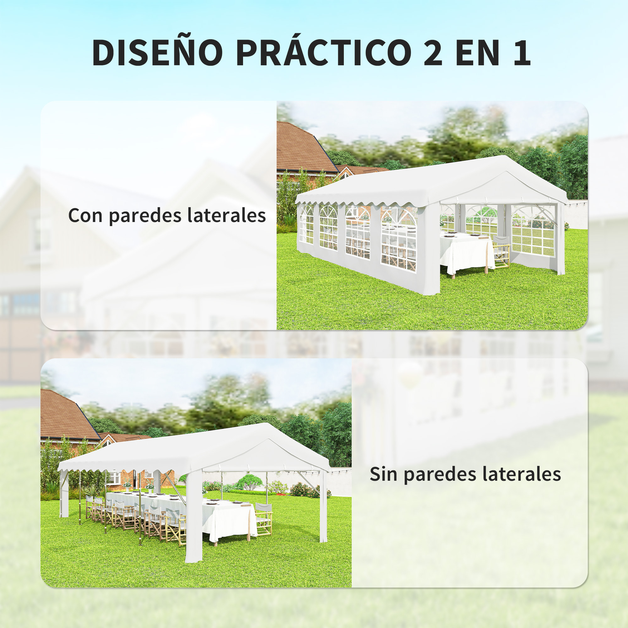 Carpa para Fiesta 4x8 m, Carpa de Jardín con Estructura de Acero Galvanizado, Paredes Laterales Extraíbles, Puerta con Cremallera y Ventanas, UPF50+, Cenador Gazabo para Boda, Eventos, Blanco