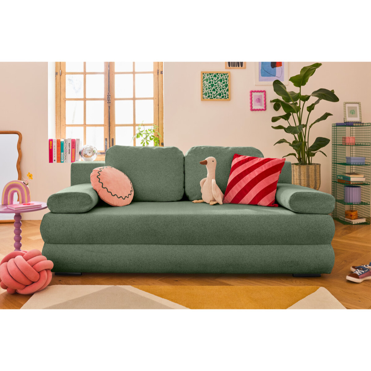 Nora - canapé 3 places convertible avec coffre en tissu texturé - Vert