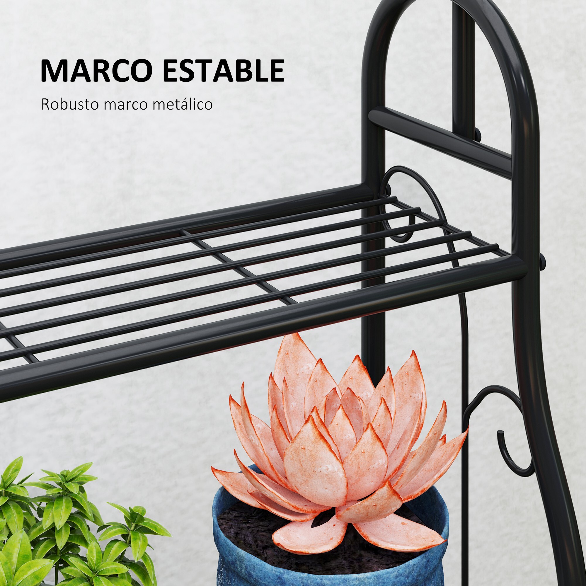 Estantería para Plantas de 3 Niveles Soporte para Plantas con Ganchos de Metal Barra para Colgar Soporte para Macetas para Interior y Exterior Negro