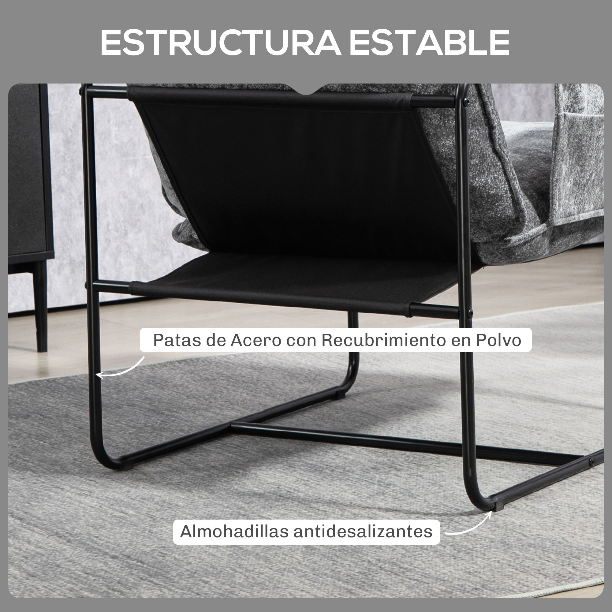 Butaca de Salón Sillón de Salón con Reposabrazos Bolsillos Laterales y Marco de Acero Butaca para Dormitorio Sala de Estar Carga 120 kg Gris