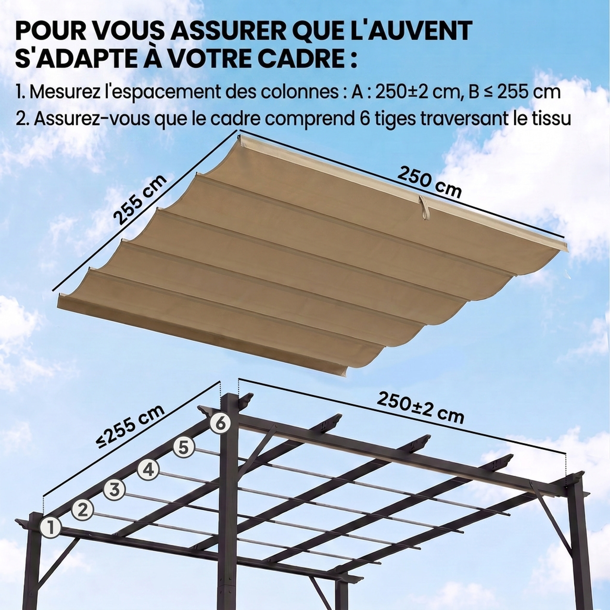 Toile de rechange pour pergola rétractable 3 x 3 m polyester haute densité 180 g/m² imperméabilisé café glacé