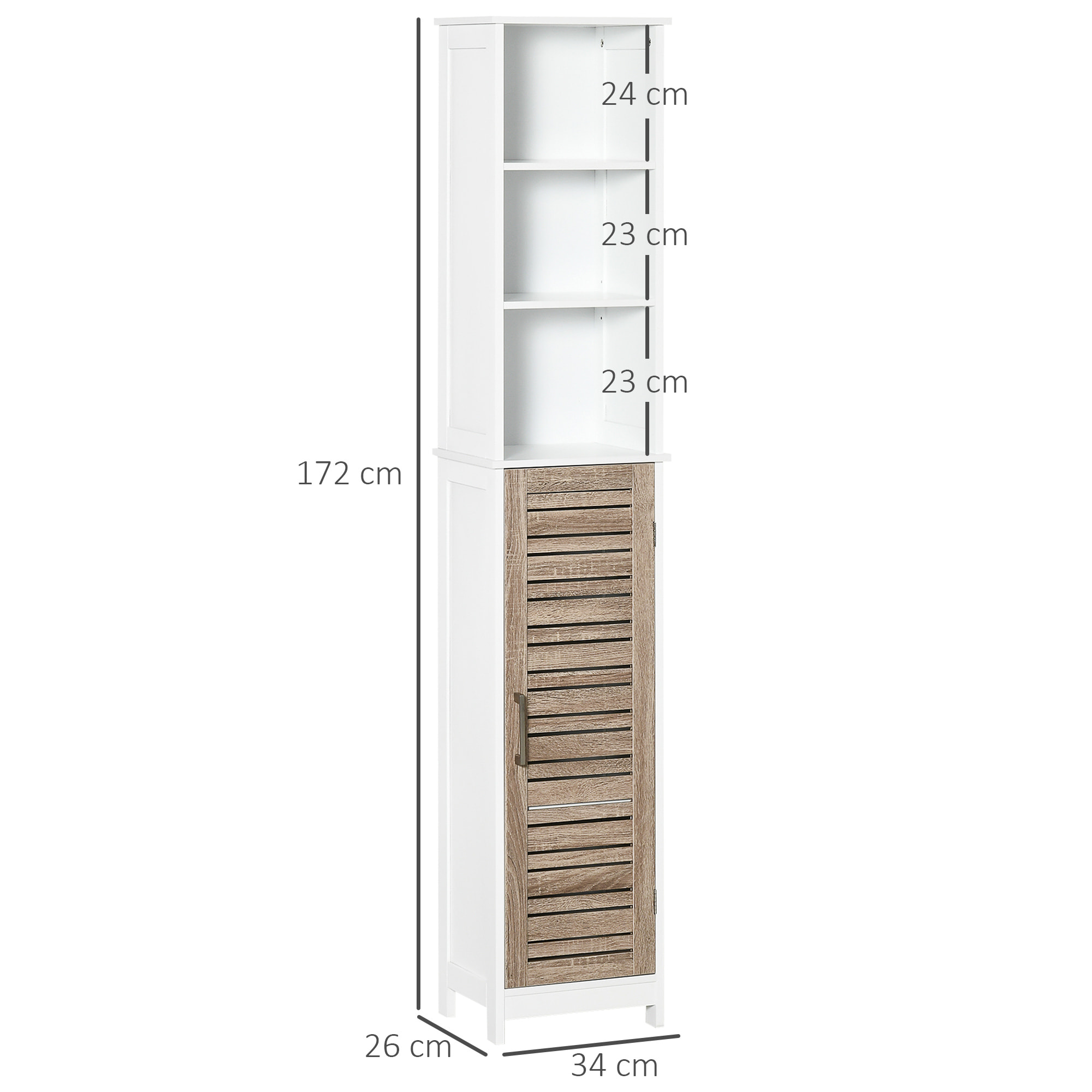 Meuble colonne rangement salle de bain style cosy dim. 34L x 26l x 172H cm 3 niches porte aspect bois lattes 3 étagères