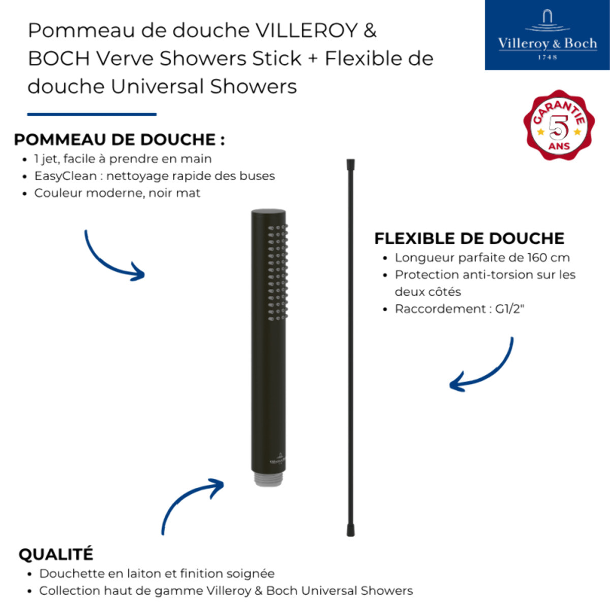 Pommeau de douche VILLEROY & BOCH Verve Showers Stick + Flexible de douche Universal Showers 160 cm Noir mat