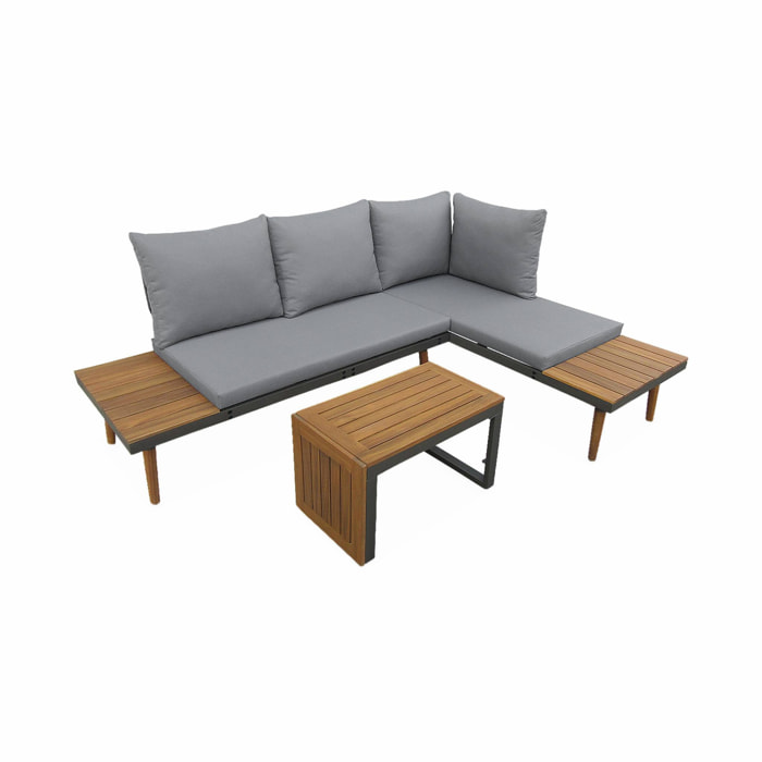 Salon de jardin anthracite et gris  modulable en aluminium et bois d'acacia. 4 places. Sao Paulo. 140 x 68 x 65cm