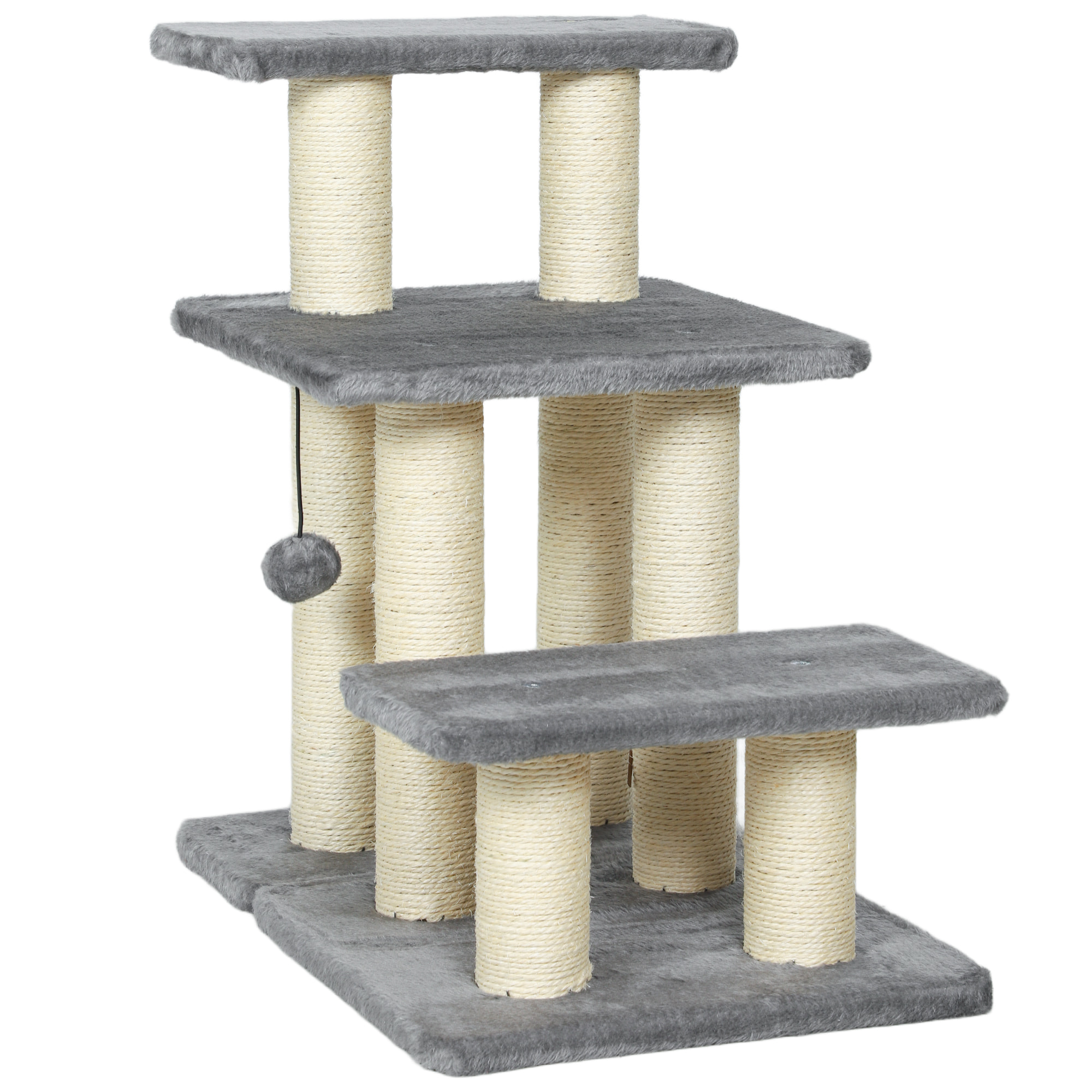 Escalier pour chat 3 marches - 6 poteaux griffoirs, jeu boule suspendue - sisal peluche gris