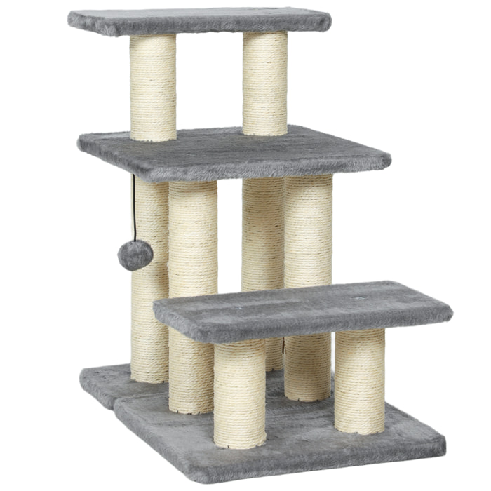 Escalier pour chat 3 marches - 6 poteaux griffoirs, jeu boule suspendue - sisal peluche gris