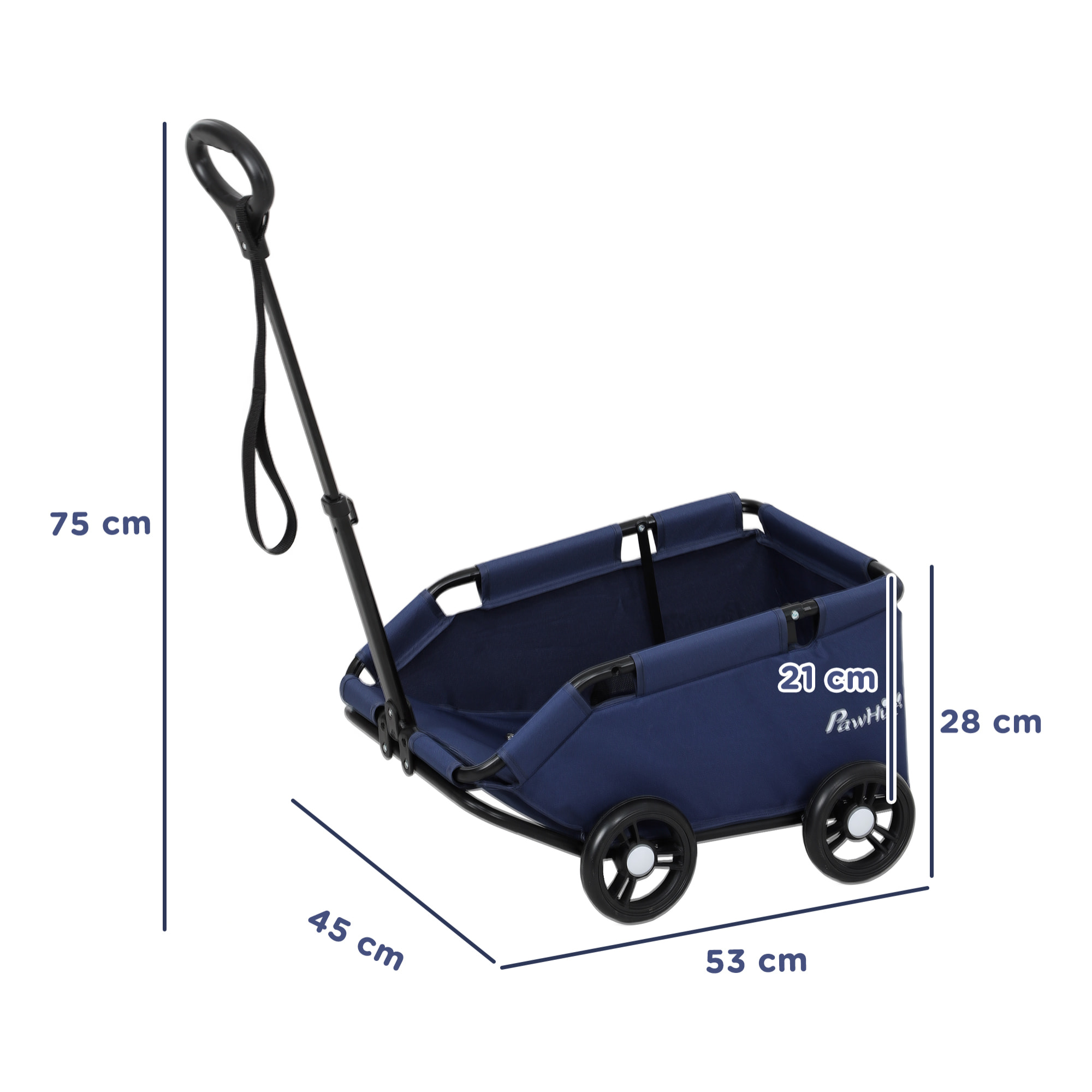 Carrito para Perros Plegable Cochecito para Mascotas Carrito para Perros Miniatura con Barra de Empuje Ajustable Diseño Abierto Cojín Bolsa de Almacenamiento y Ruedas 53x45x28 cm Azul Oscuro