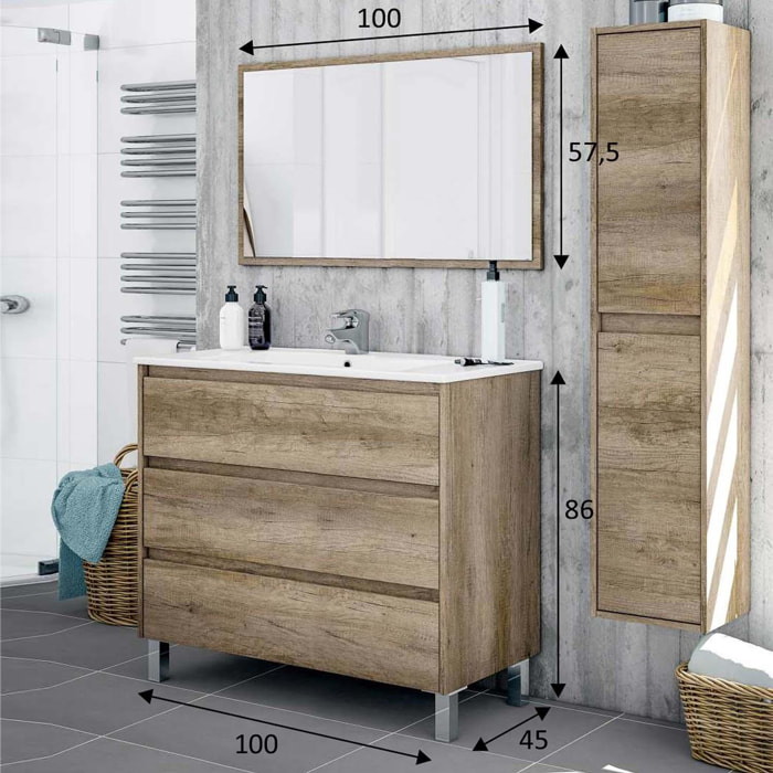 Mueble baño devin 3c 100cm color nordik con espejo, sin lavabo
