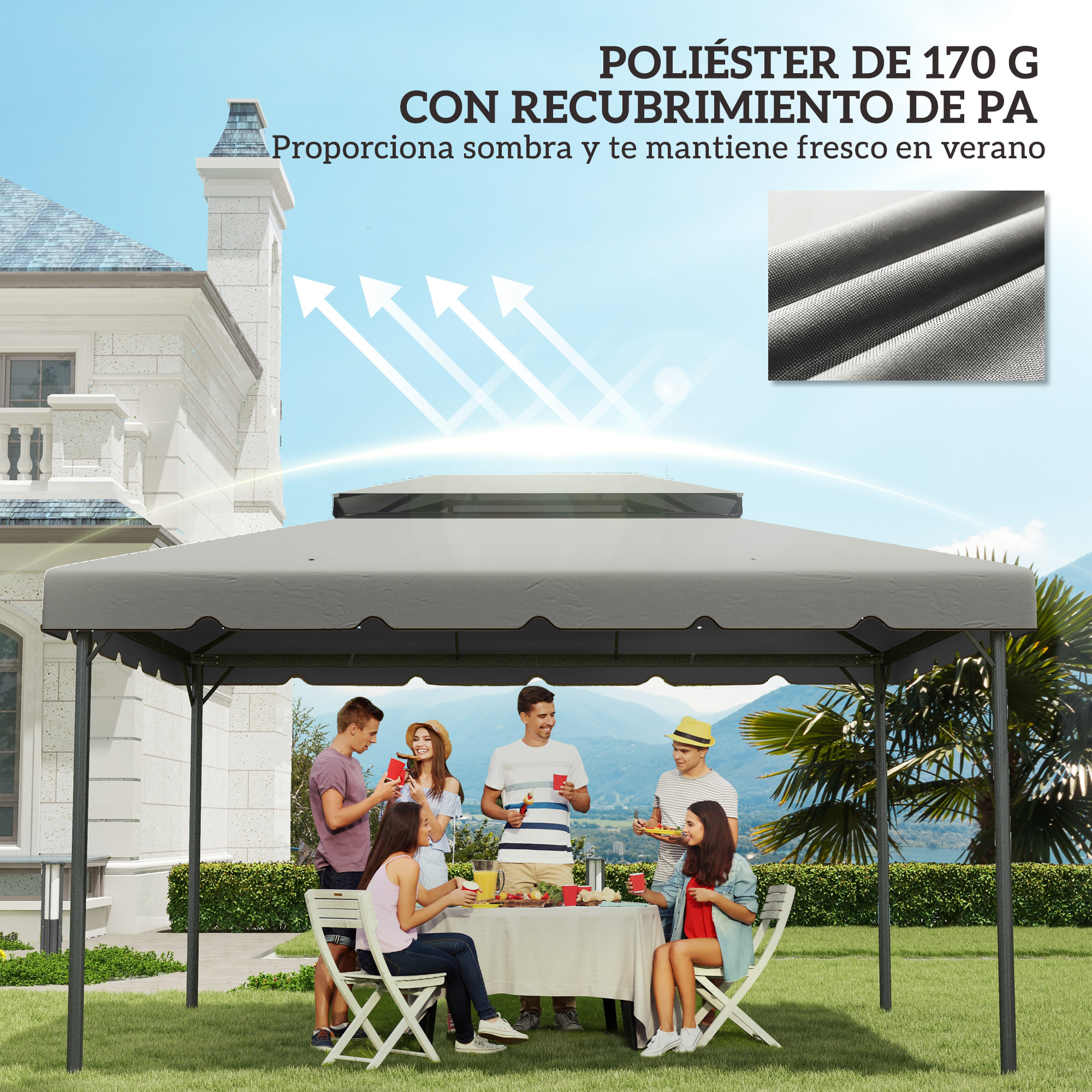 Techo de Repuesto para Cenador, 4x3 m, Cubierta de Repuesto con Doble Techo, 8 Orificios de Drenaje, SOLO Toldo de Recambio para Pabellón Gazebo, Beige