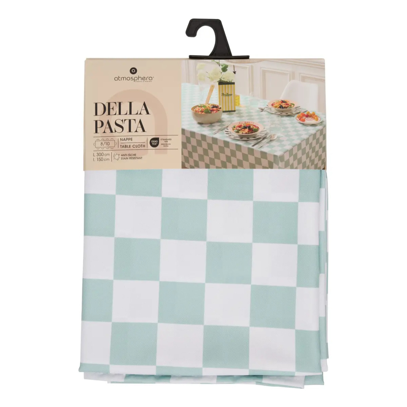 Nappe Della pasta 300x150cm vert céladon imprimé carreaux