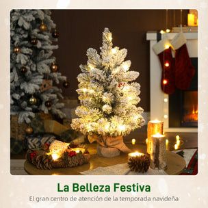 Árbol de Navidad con 35 Luces LED, 60 cm, Mini Árbol de Navidad Artificial con 72 Ramas Densas con Nieve, Piñas, Bayas y Base de Arpillera, Decoración Navideña de Mesa para Casa, Oficina, Verde