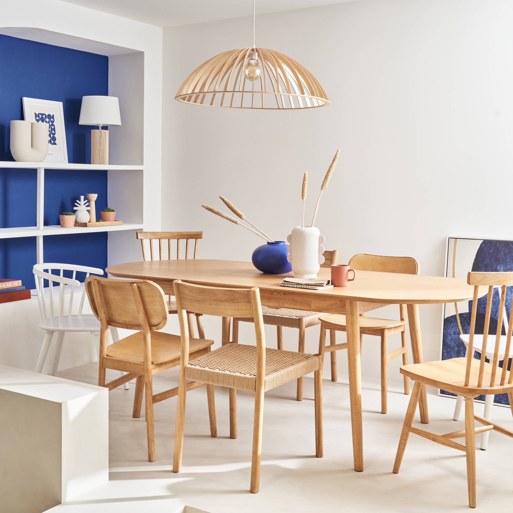 Table à manger oblongue extensible bois d'hévéa et placage chêne 6-8 places LISA