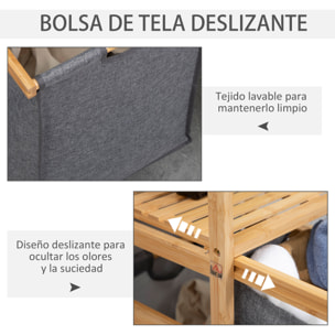 HOMCOM Cesto para Ropa Sucia de Bambú Cesta para la Colada con 2 Bolsas de Tela Extraíbles Estante Abierto 2 Asas Laterales y 4 Ruedas 42x35x84,5 cm Gris