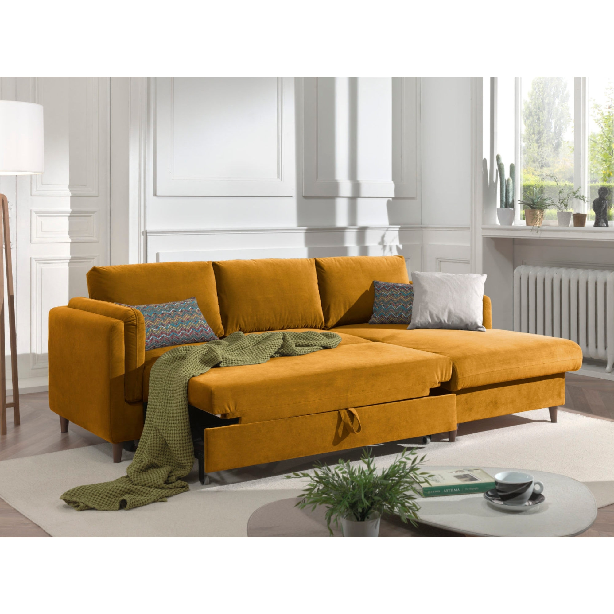 Brooke - canapé d'angle droit - convertible avec coffre - 4 places - en velours - Jaune