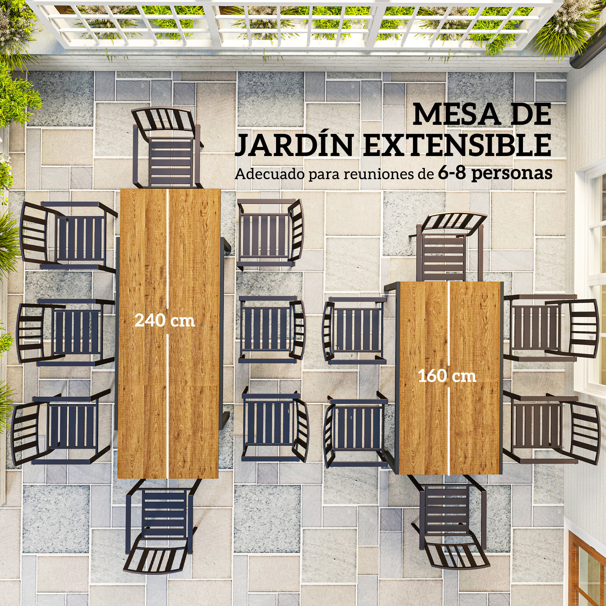 Mesa de Jardín Extensible Mesa de Comedor Exterior Ajustable 160-240 cm con Borde de Aluminio Carga 70 kg Mesa Rectangular para 6-8 Personas para Patio Terraza Marrón