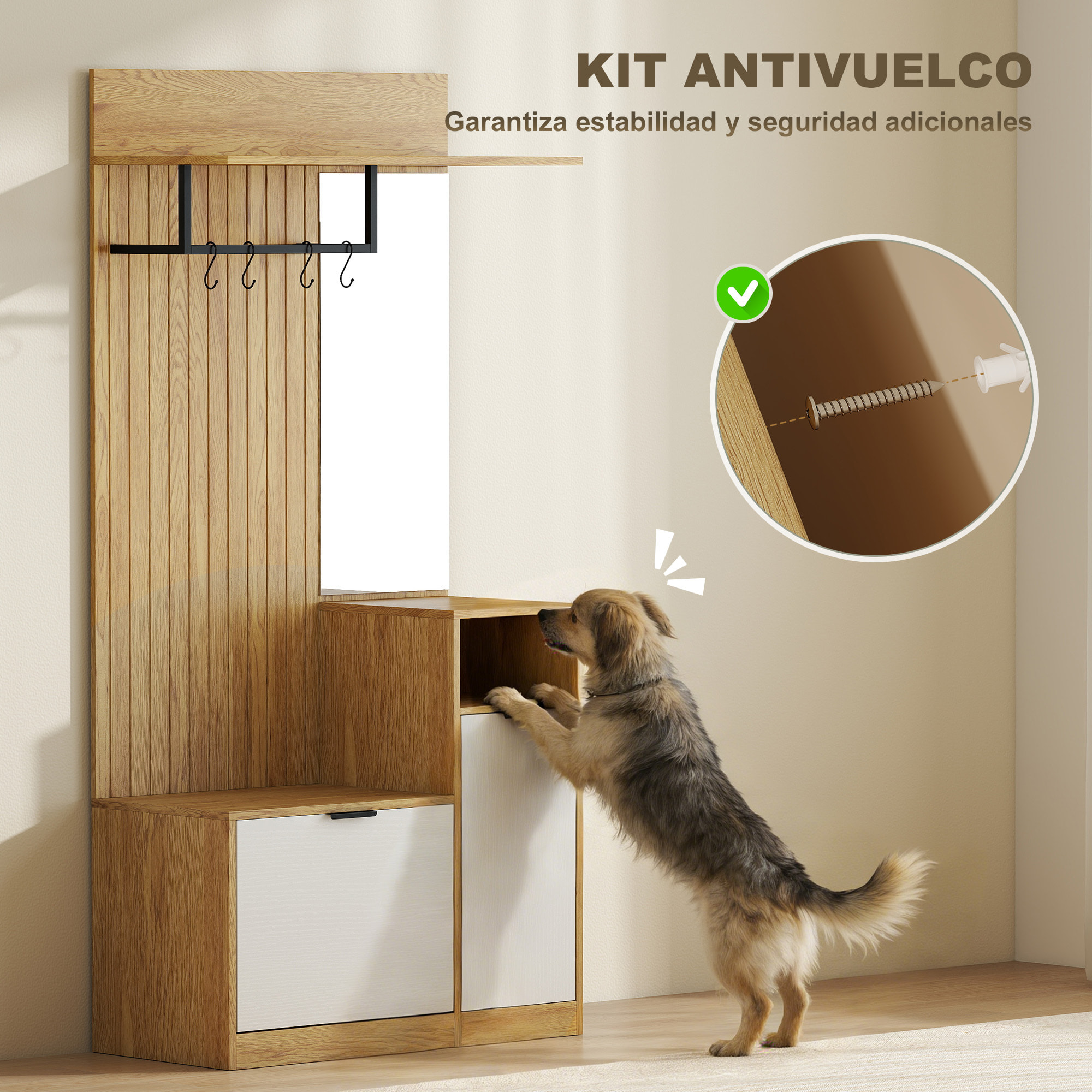 Perchero Zapatero, Perchero Entrada Recibidor con Zapatero, Espejo, Armario, Estantes Abiertos y 4 Ganchos, Estilo Moderno, para Pasillo Dormitorio, 80x36x168 cm, Roble