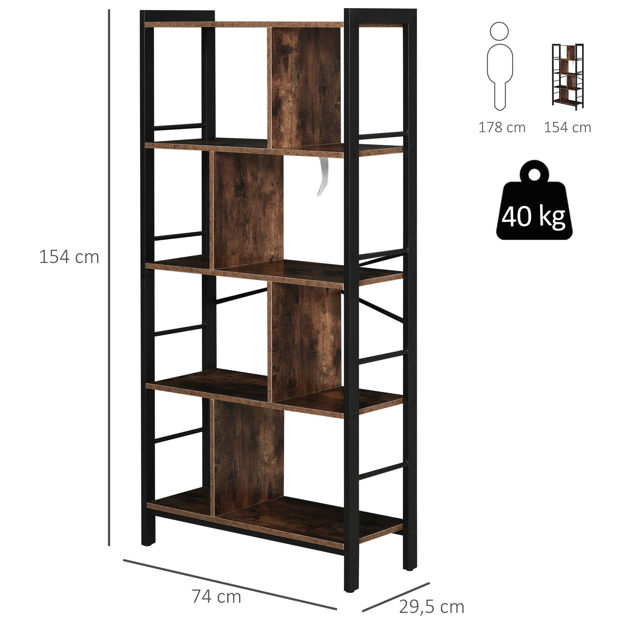 Bibliothèque, Étagère de Rangement à 4 Niveaux style industriel panneaux particules aspect vieux bois métal noir