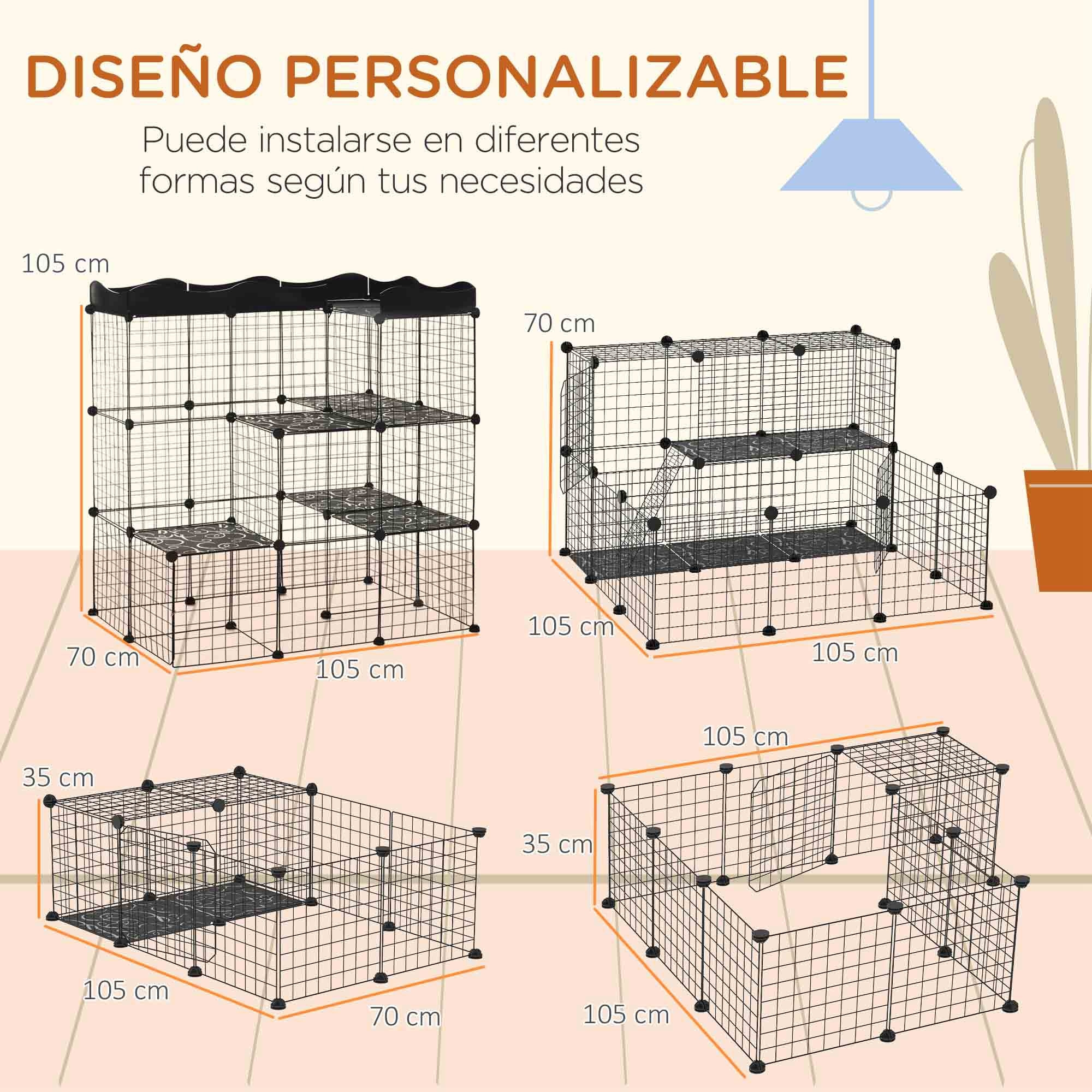 Jaula para Animales Pequeños de 40 Paneles Parque para Mascotas Forma Personalizable Valla Metálica para Cobayas Conejos Gatito 105x70x116 cm Negro