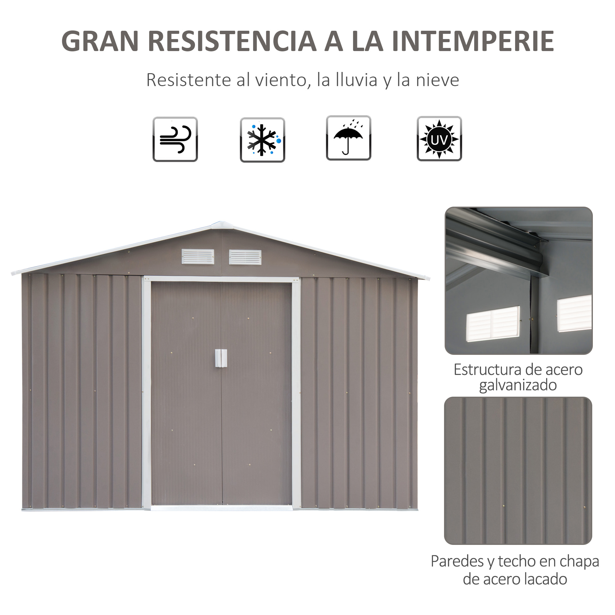 Caseta de Jardín tipo Cobertizo Metálico para Herramienta 277x191x192cm Gris