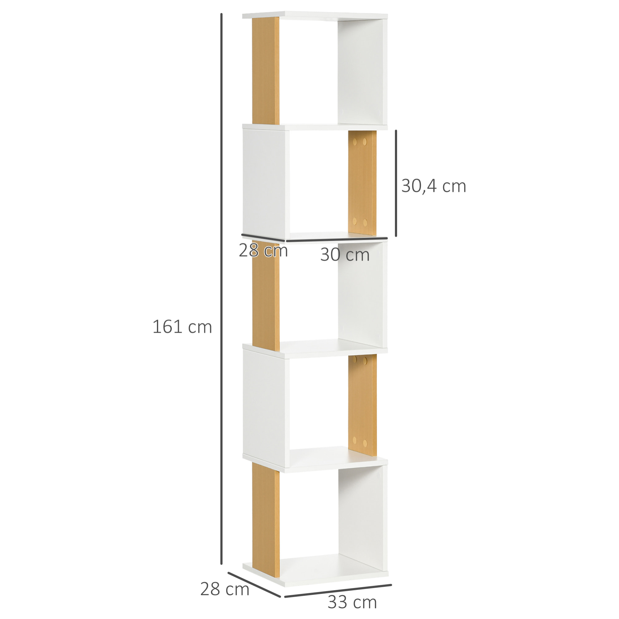 Estantería Librería en Forma S Estantería para Libros con 5 Estantes Abiertos para Salón Oficina Estudio Antivuelco Carga 100 kg 33x28x161 cm Blanco