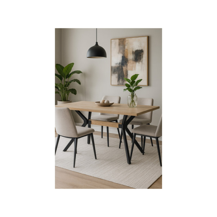 Table de Repas 90 x 180 cm Décor Chêne Clair et Métal Noir - ESTA