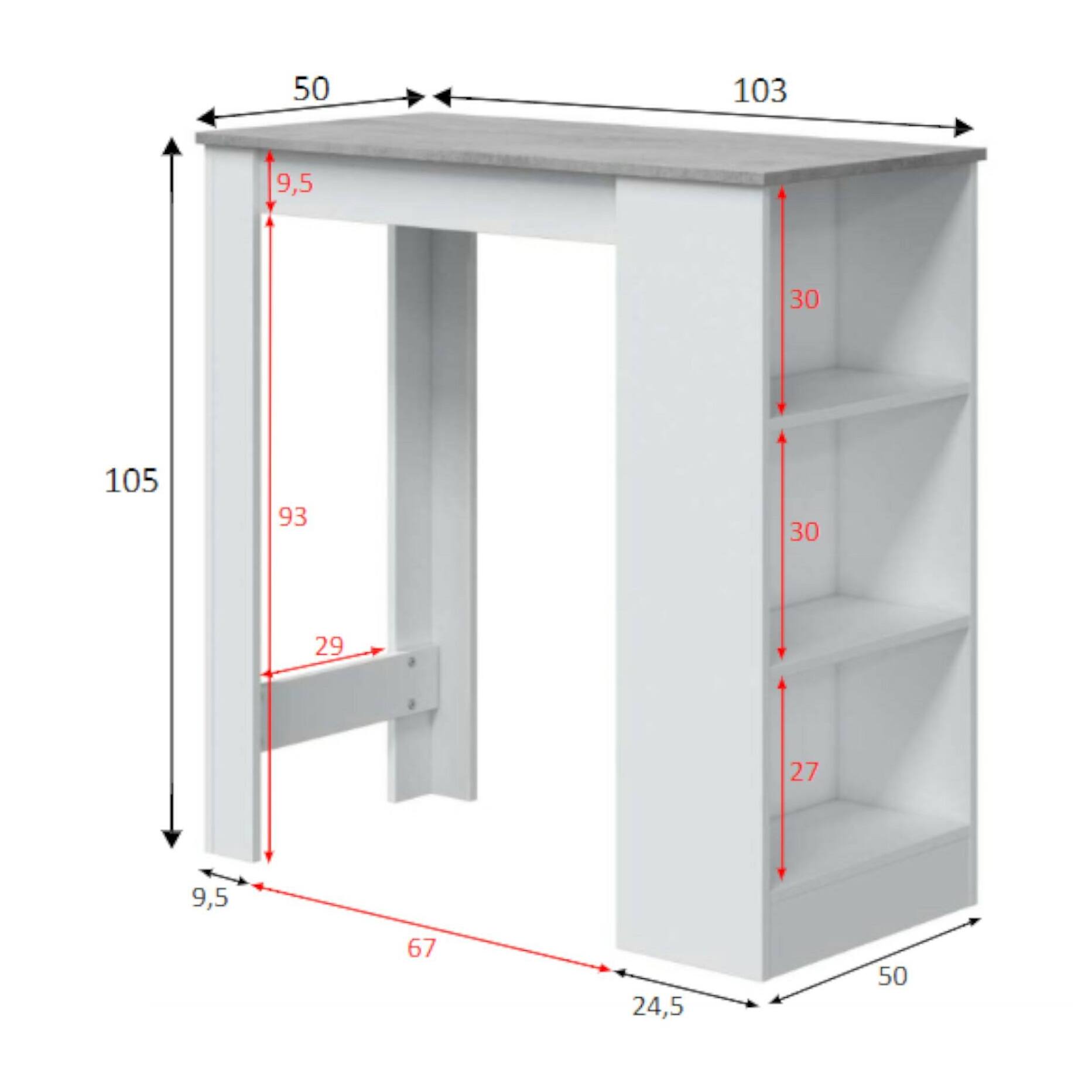 Tavolo fisso Glendale, Tavolo alto da cucina, Penisola con 3 ripiani, Bancone ausiliare, Bancone ausiliare, cm 103x50h105, Bianco e Cemento