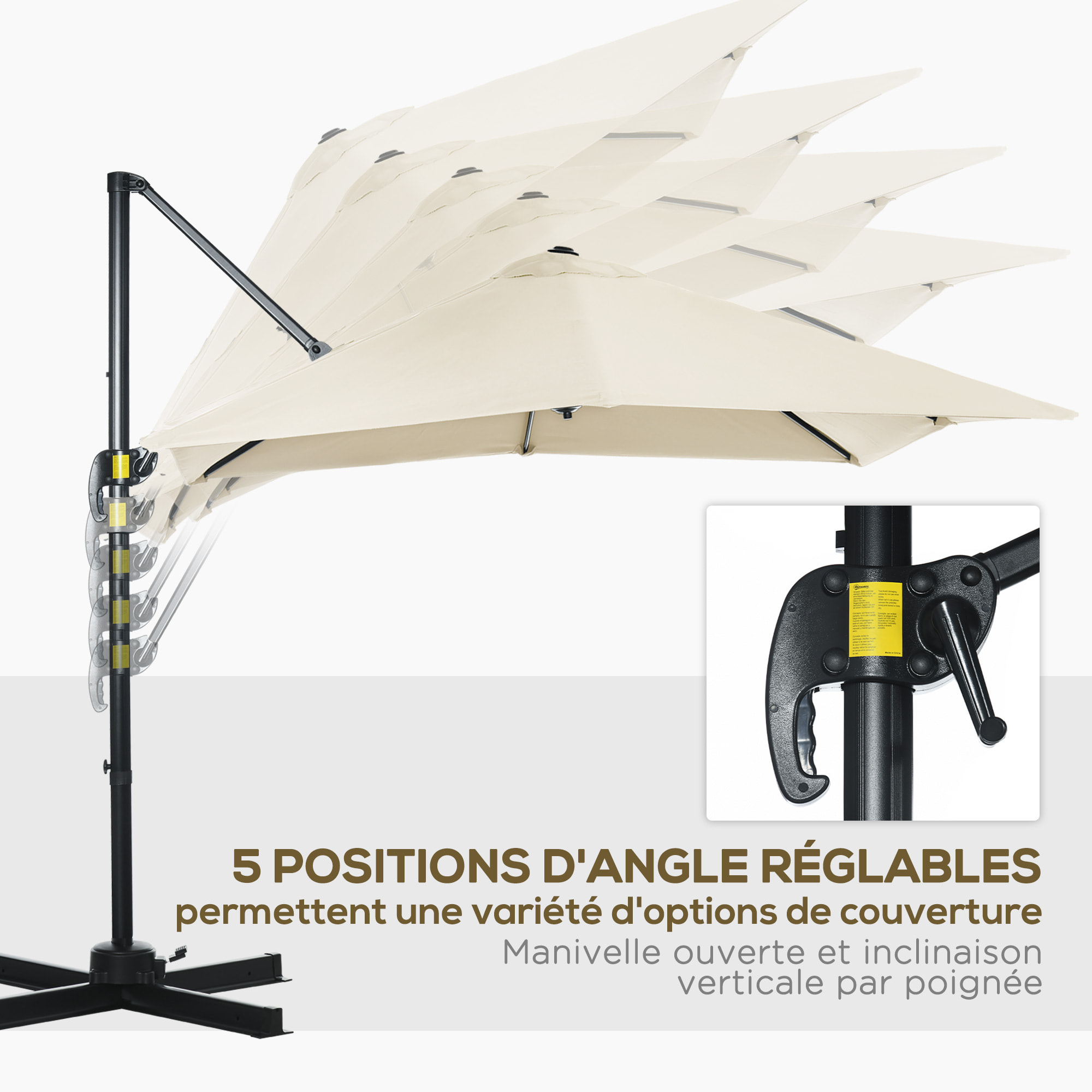 Parasol déporté carré inclinable manivelle avec pied en acier dim. 2,45L x 2,45l x 2,45H m métal alu. polyester haute densité beige