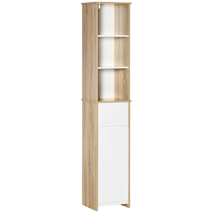 Meuble colonne rangement salle de bain style cosy 3 niches tiroir placard avec étagère blanc aspect chêne clair