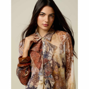 Oltre - Blusa in creponne con stampa floreale e volant - Marrone