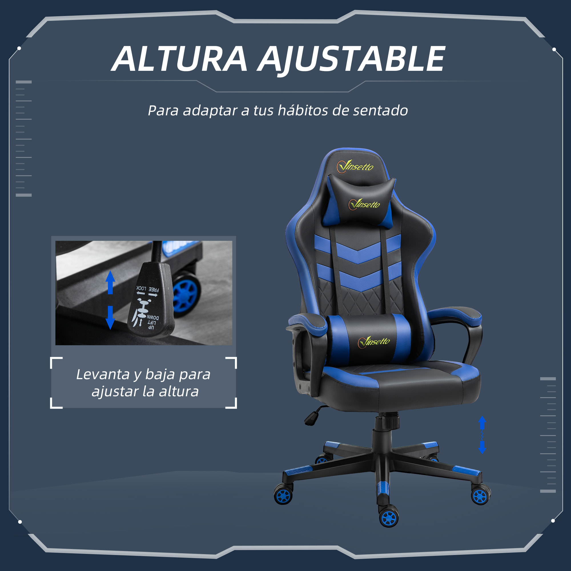 Silla Gaming de Oficina Ergonómica Altura Ajustable Azul