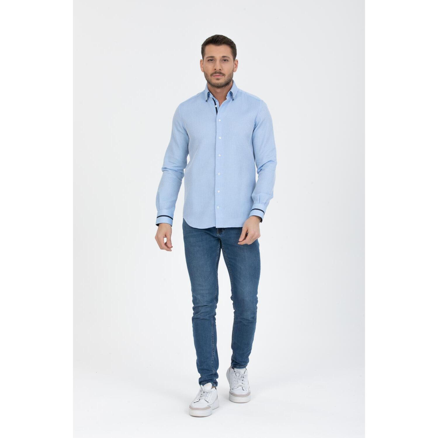 Camicia Uomo 1 Bottoni Button Down Slim Armaturato Fantasia Celeste/Bianco