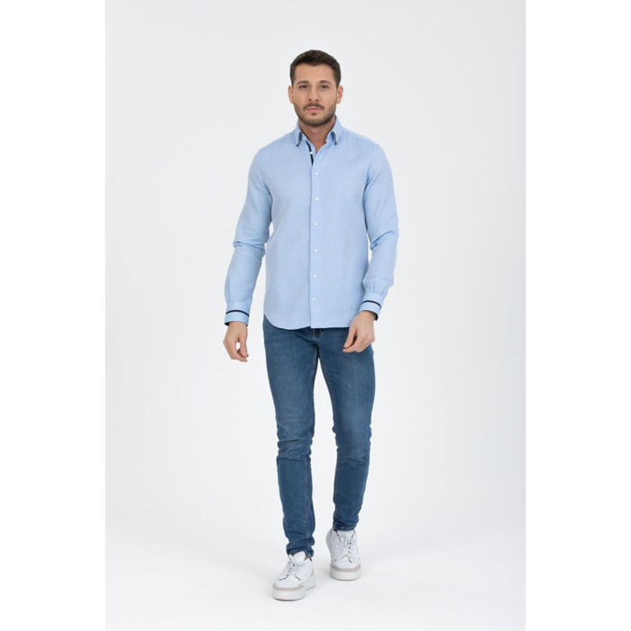 Camicia Uomo 1 Bottoni Button Down Slim Armaturato Fantasia Celeste/Bianco