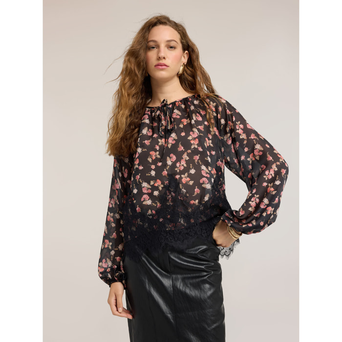 Motivi - Blusa in georgette con stampa floreale e pizzo - Nero