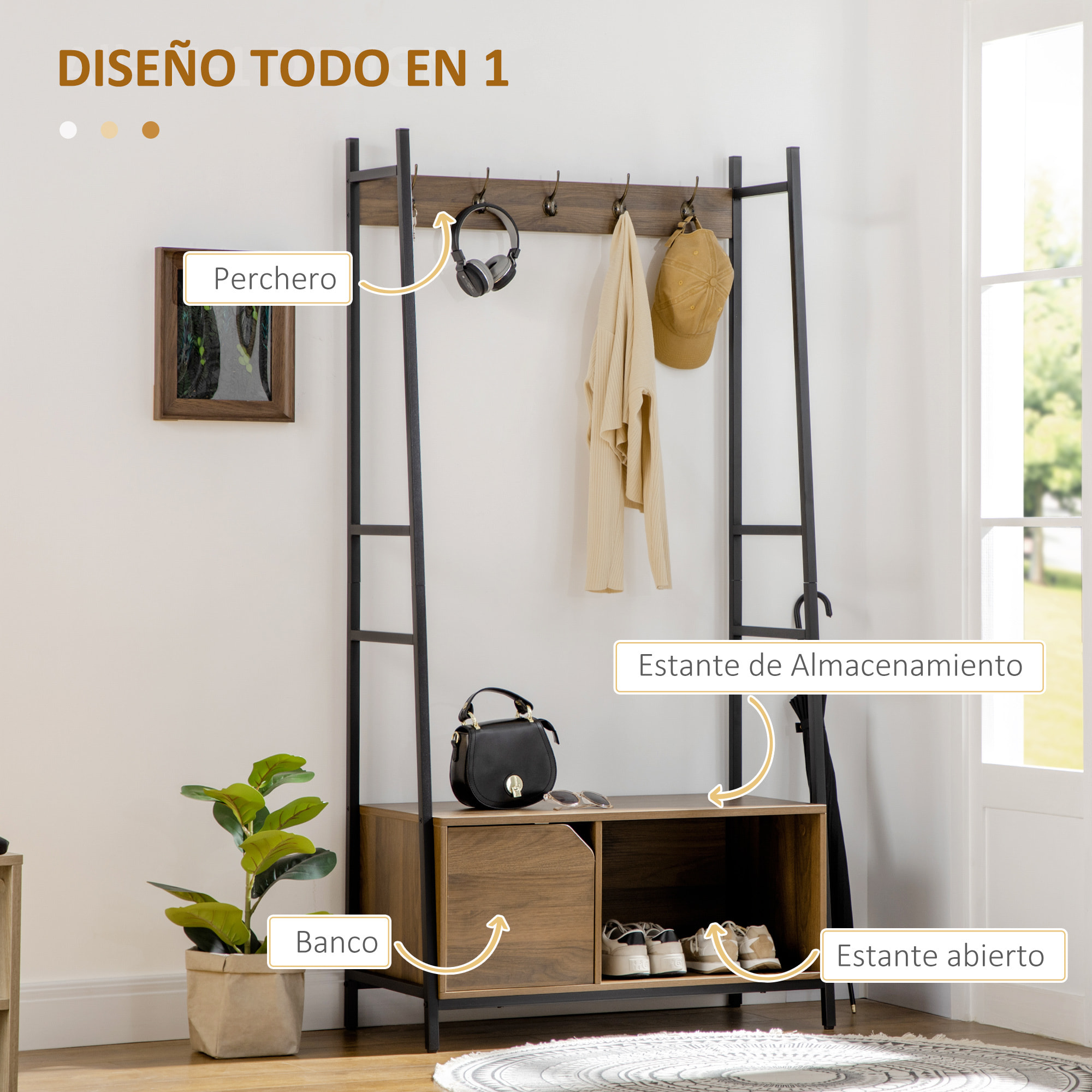 HOMCOM Perchero con Zapatero Perchero con Banco Mueble Recibidor con 5 Ganchos Puerta y Estante Abierto para Pasillo Entrada 84x40x169 cm Marrón Rústico