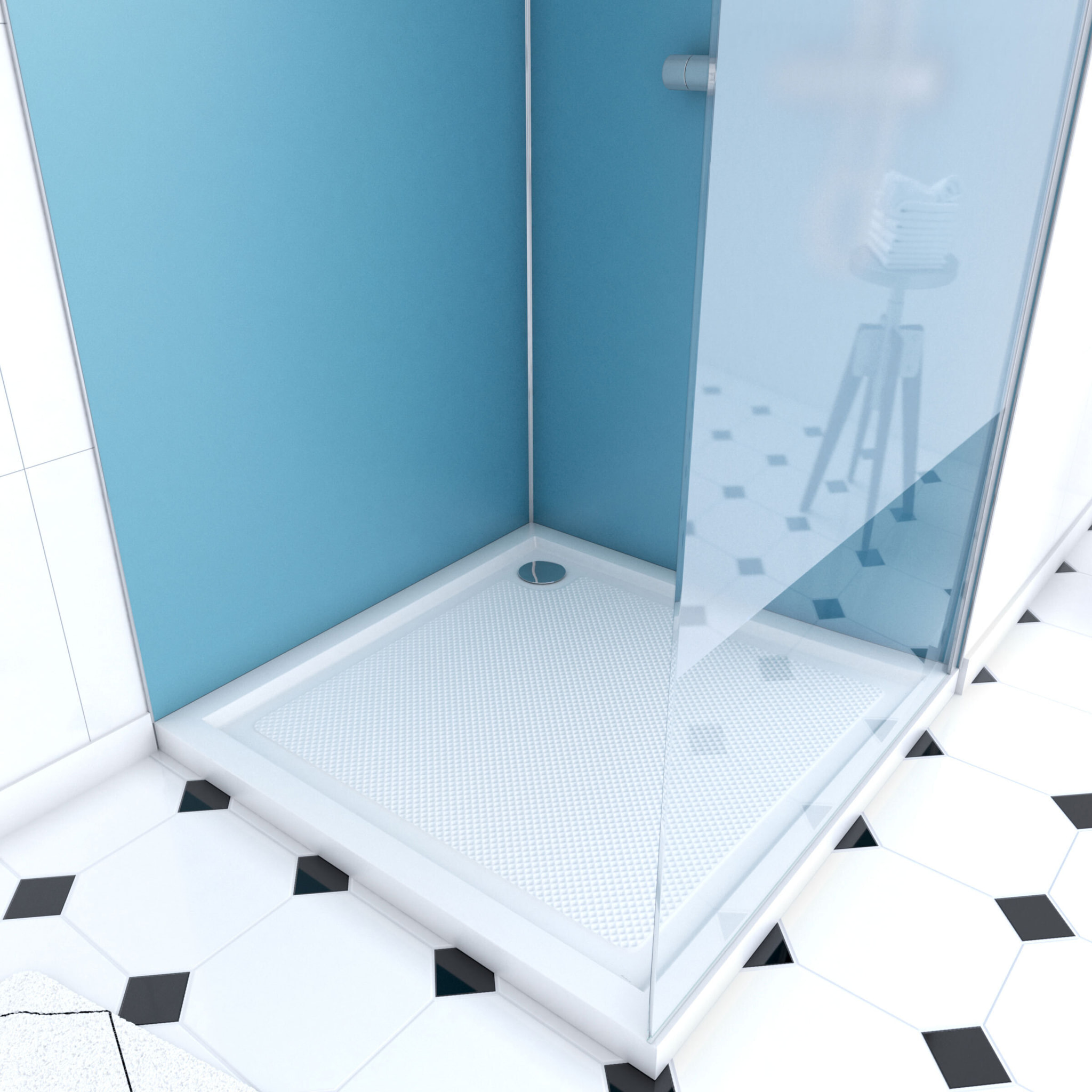 Pack Douche a l'Italienne 90x90 - Kit Panneaux Muraux Bleu/Chrome + Receveur + Paroi Depolie 8 mm