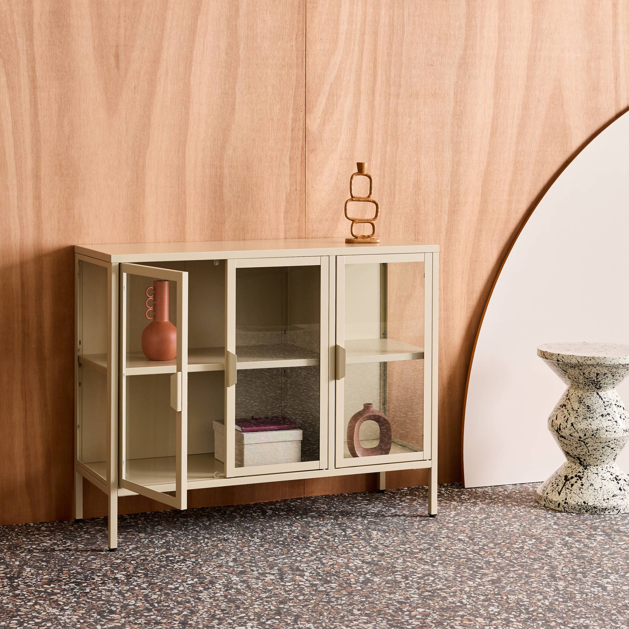 Buffet industriel métal et verre trempé 3 portes 100cm ARKANSAS