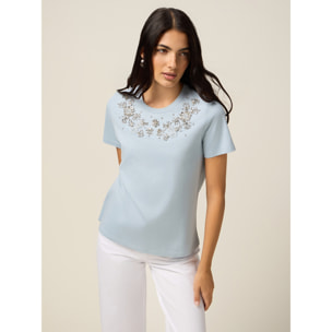 Oltre - Camiseta con bordado de joya - Light - blue