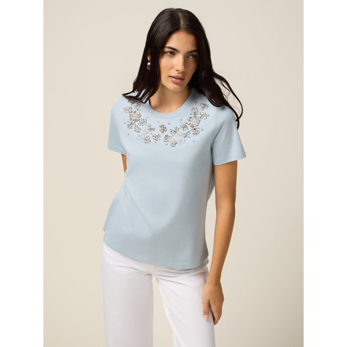 Oltre - Camiseta con bordado de joya - Light - blue