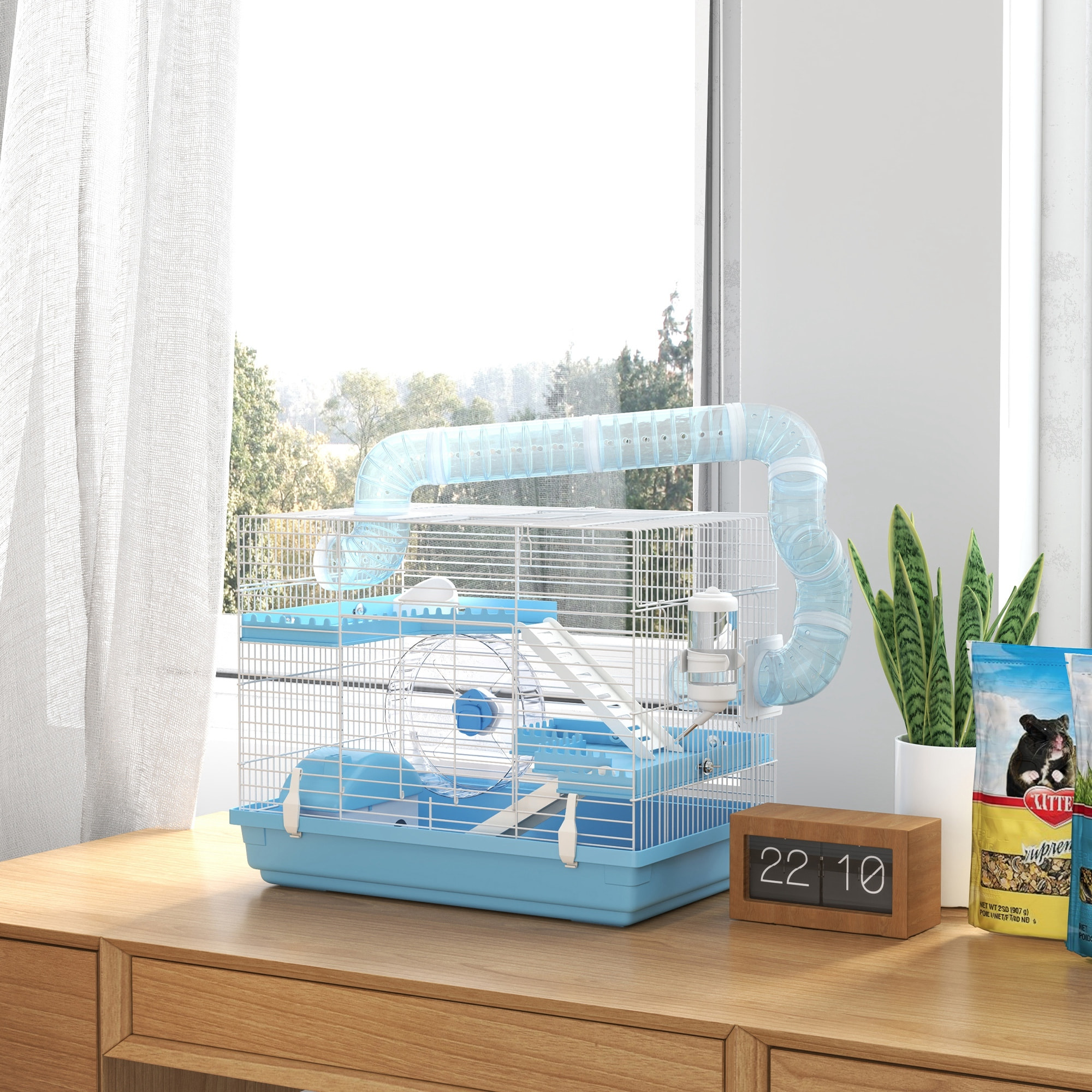 Cage pour hamster portable 2 portes 2 étages nombreux accessoires et tubes blanc bleu