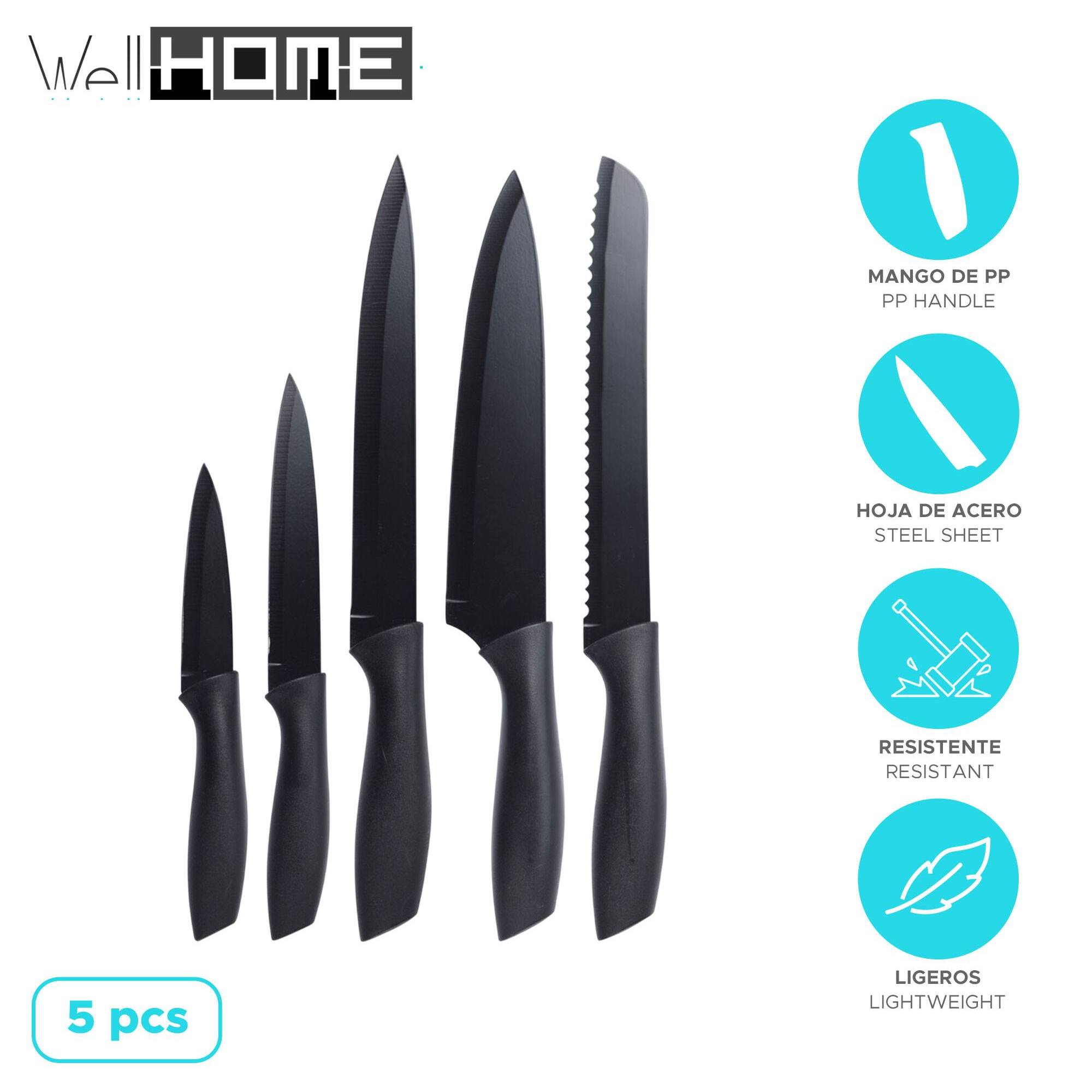 set de cuchillos de 5 piezas con mango de pp y hoja de acero coloreado - incluye cuchillo para pelar, multiusos, carne, pan y chef