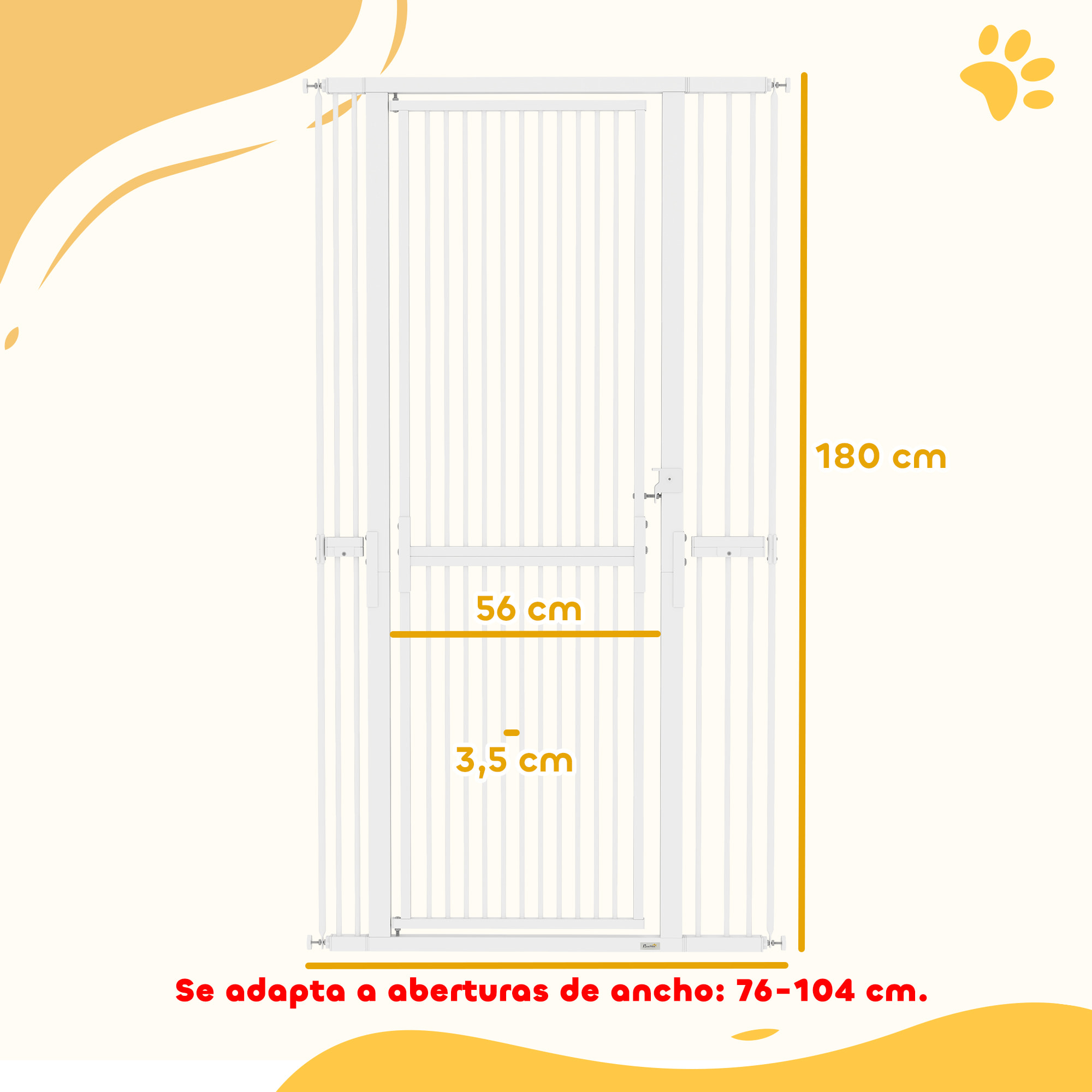 Barrera de Seguridad para Perros y Gatos Extra Alta 180 cm, Barrera para Perros Extensible 76-104 cm, Separación 3,5 cm, para Puertas y Escaleras, con Montaje a Presión, 2 Extensiones, Blanco