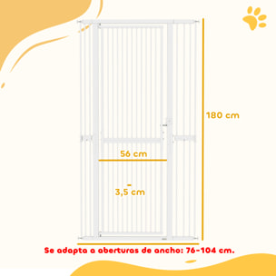 Barrera de Seguridad para Perros y Gatos Extra Alta 180 cm, Barrera para Perros Extensible 76-104 cm, Separación 3,5 cm, para Puertas y Escaleras, con Montaje a Presión, 2 Extensiones, Blanco