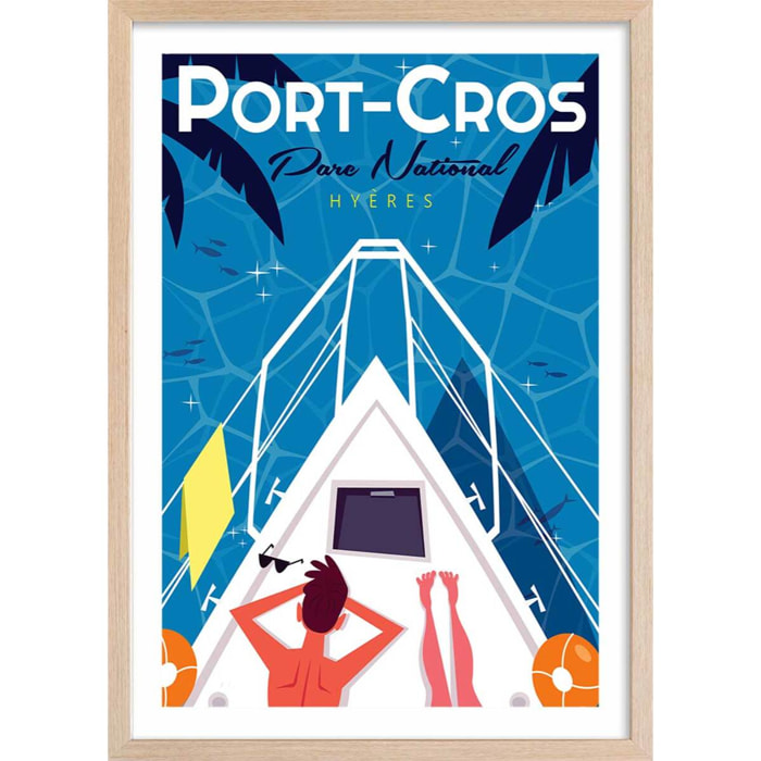 Poster de bronzette à port cros Affiche + cadre en bois - Chêne