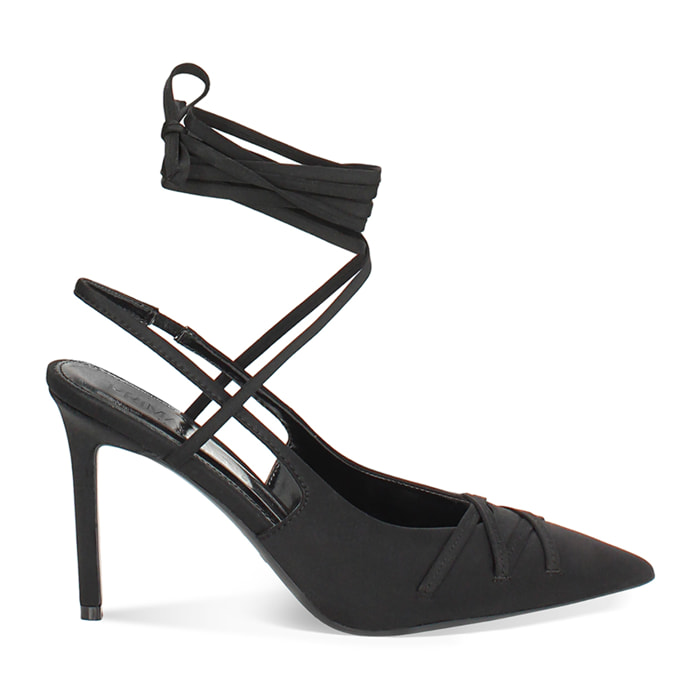 Décolleté slingback donna nere con lacci, tacco 9,5 cm