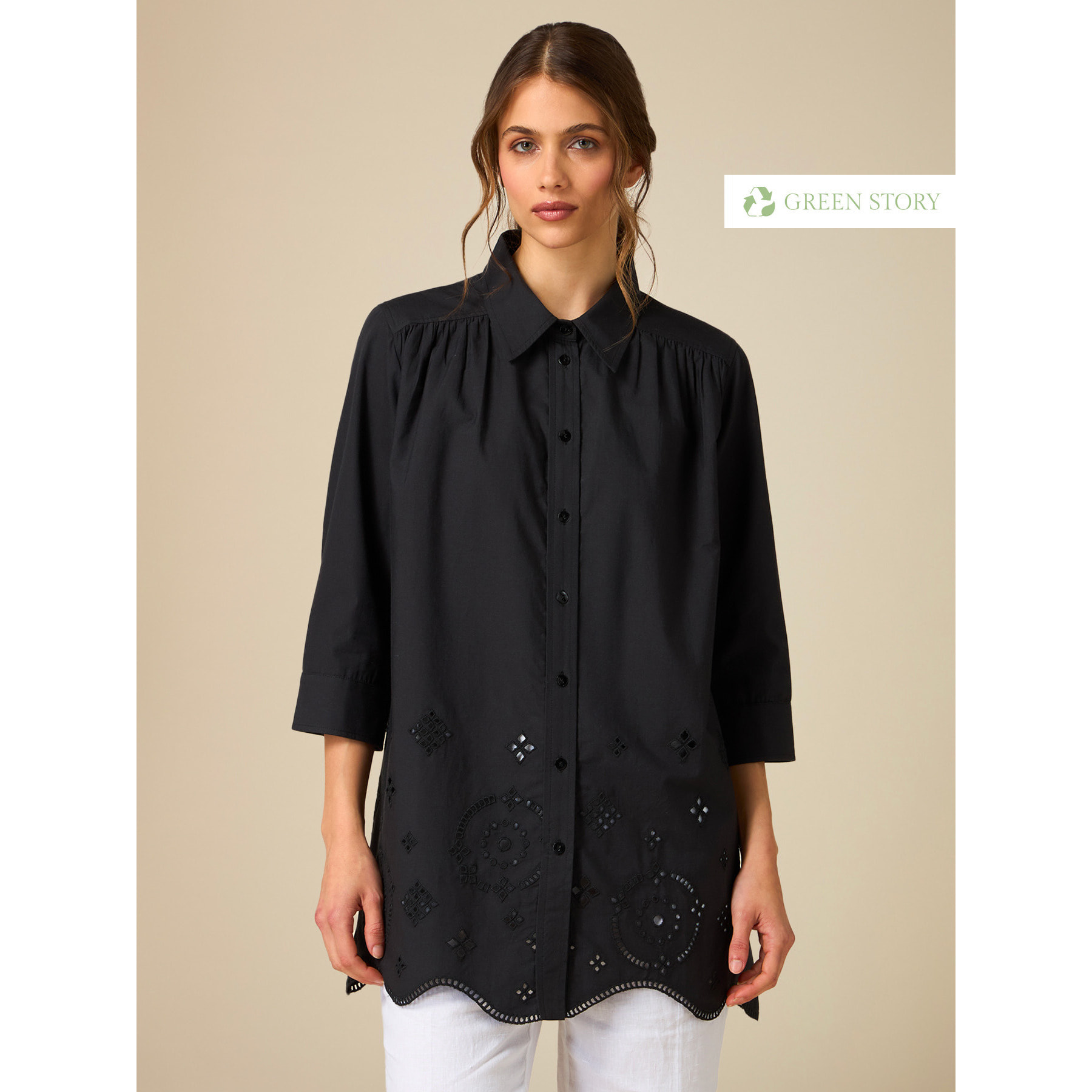 Oltre - Camicia over con ricami traforati - Nero