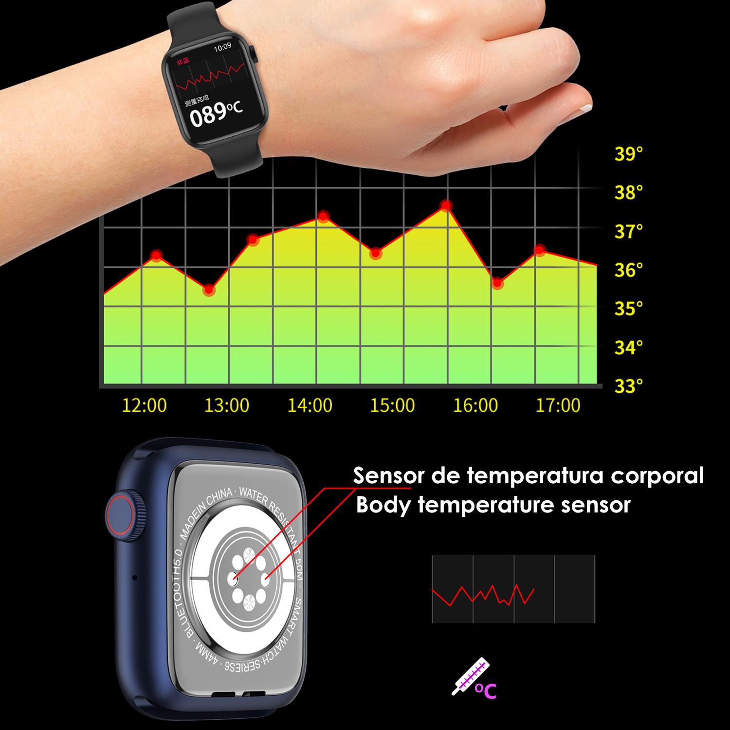 Smartwatch AW9 con corona multifunción. Termómetro, monitor cardiaco, oxígeno en sangre, llamadas bluetooth.