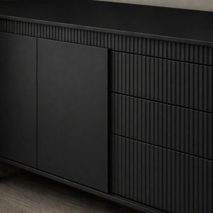 Madia Credenza 2 Ante 3 Cassetti Push To Open Con Ripiani E Vani Mobile Soggiorno Design Moderno Con Piedini In Metallo 187.1 x 81.4 x 39.5 Cm Nero