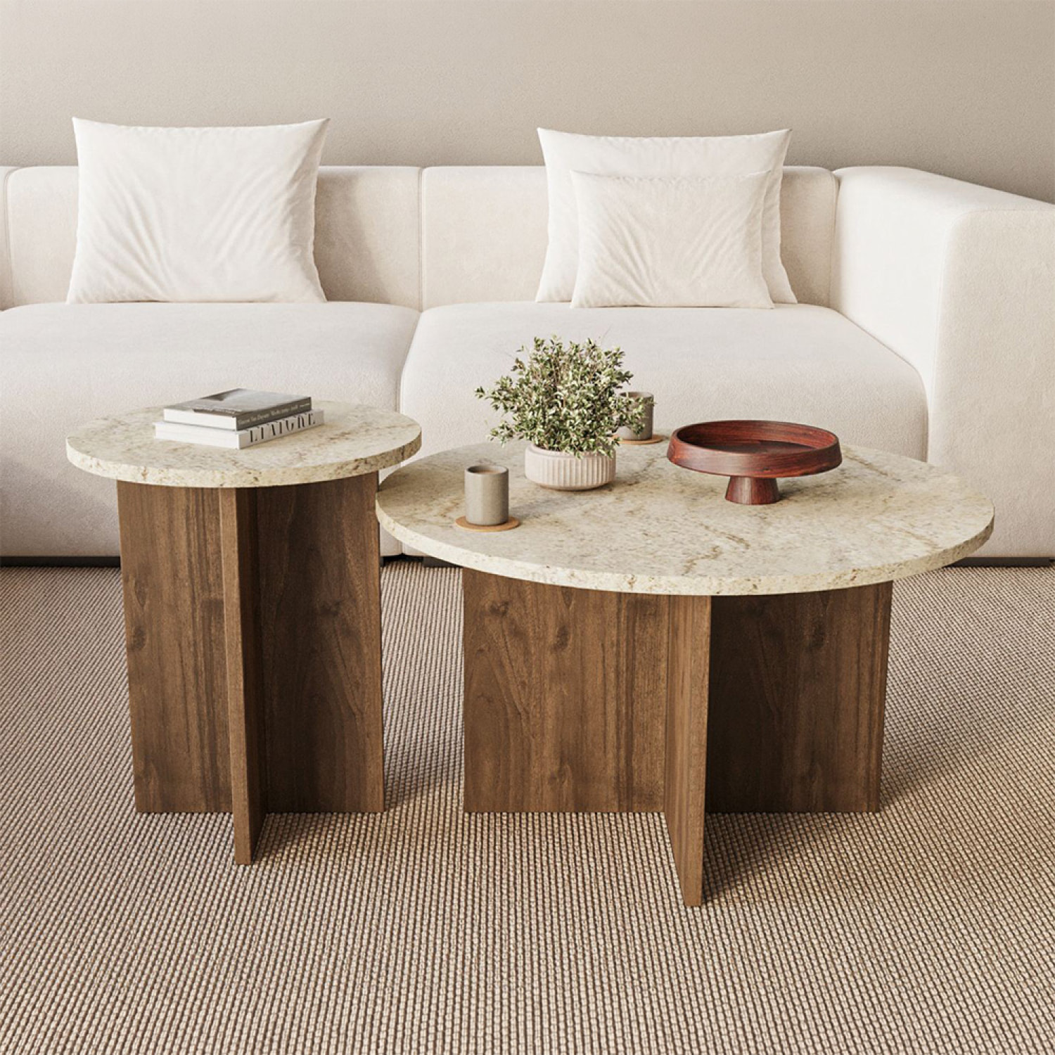Ensemble de 2 tables basses rondes effet travertin et noyer BLISS